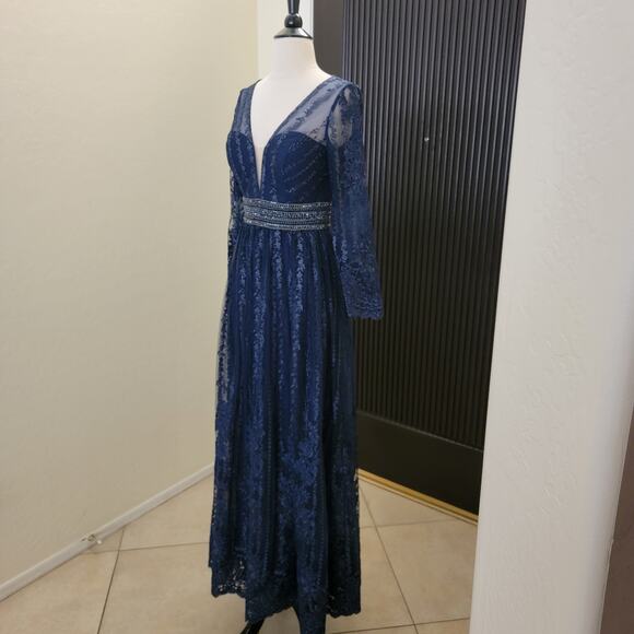 Mac Duggal 66591 Navy Blue 2 Long Sleeve Formal Embroidered Maxi Gown Dress - Picture 4 of 15